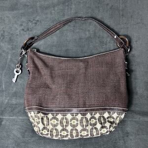 FOSSIL Woven Brown Textile / Leather Curved Hobo Shoulder Bag
